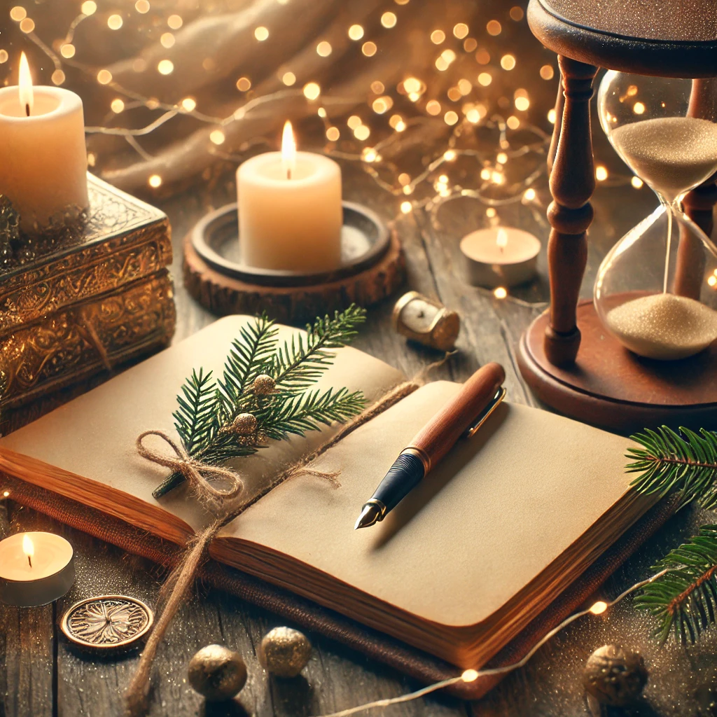 An open journal with a pen on a wooden table, lit by candlelight, with fairy lights, an hourglass, and a sprig of evergreen nearby